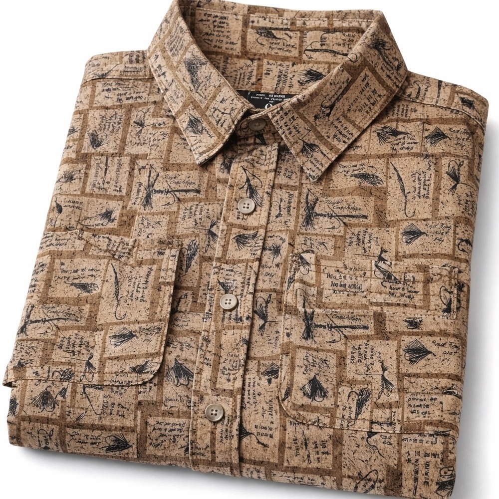 Orvis Fly Fishing Lure Print Button Down Shirt Mens M Cotton Angler Outdoor